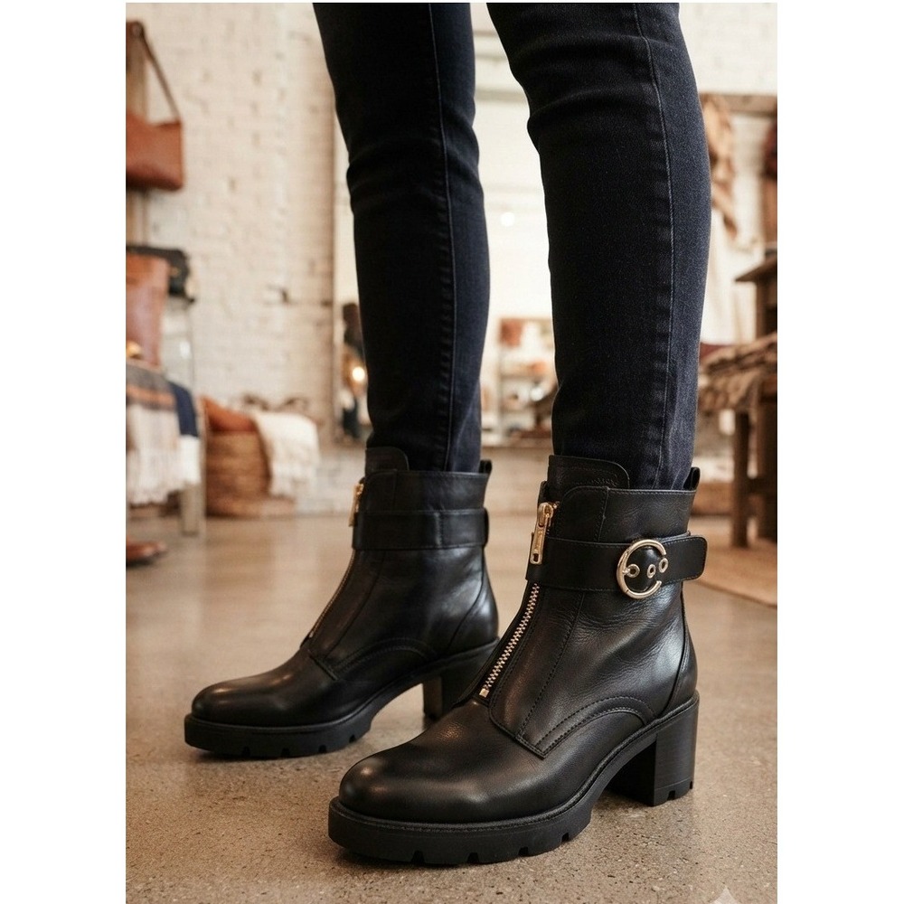 Nero Giardini Black Leather Zip Moto Biker Goth Mid Calf Boots EU40 Gold Buckle